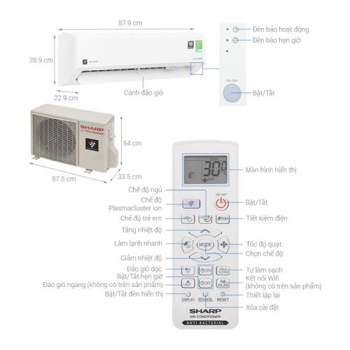 Kích thước Máy lạnh Sharp Inverter 2 HP AH-XP18CMW