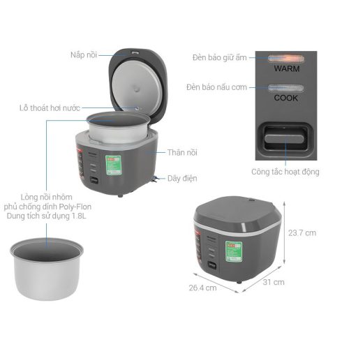 Kích thước Nồi cơm nắp gài Sharp 1.8 lít KS-PR19ETV-GR