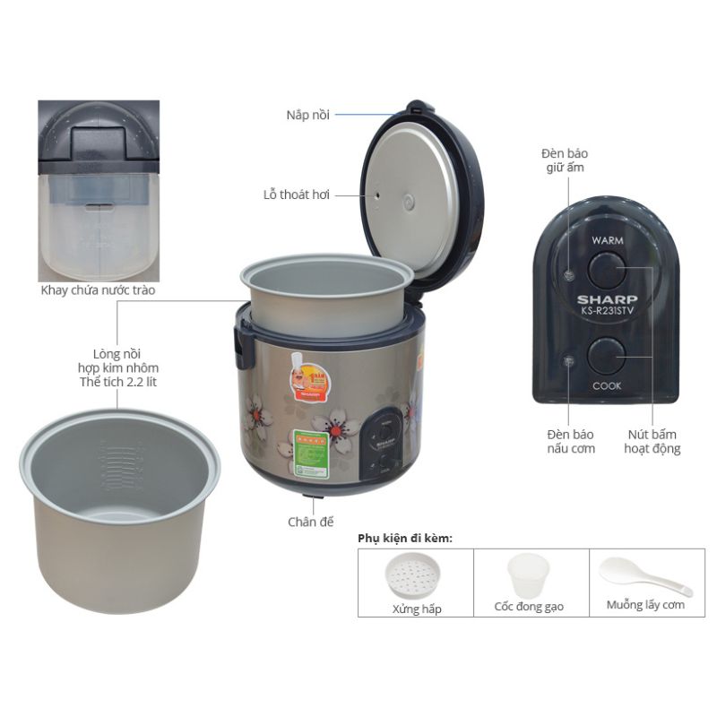 Kích thước Nồi cơm nắp gài Sharp 2.2 lít KS-R231STV Kích thước Nồi cơm nắp gài Sharp 2.2 lít KS-R231STV