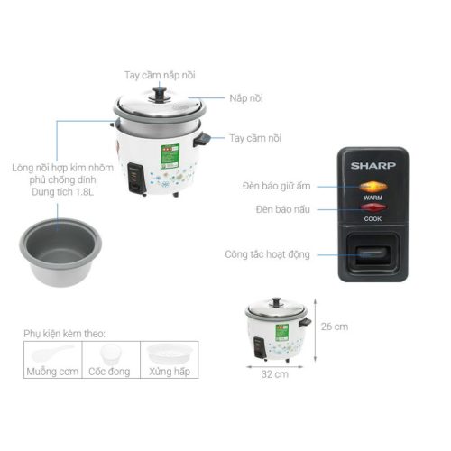 Kích thước Nồi cơm nắp rời Sharp KSH-218SNV-SF 1.8 lít